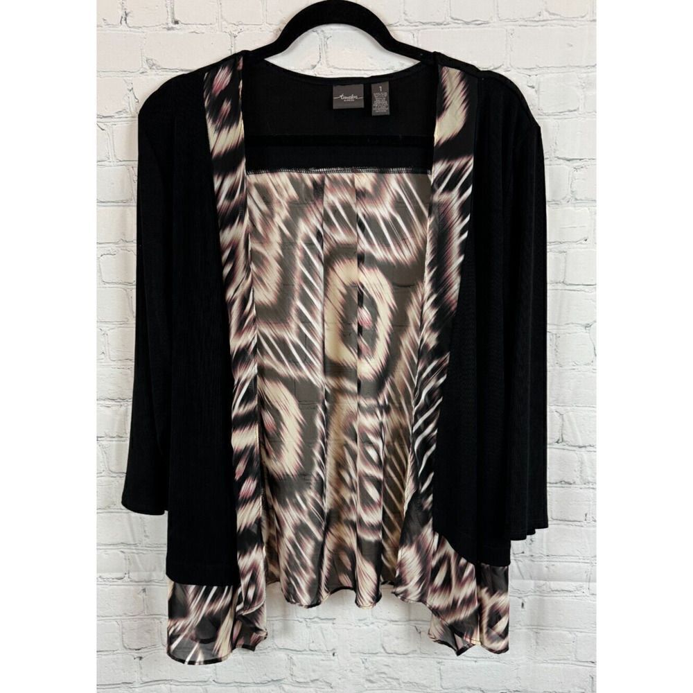 CHICO'S TRAVELERS black beige animal print knit open front cardigan sweater 1 M